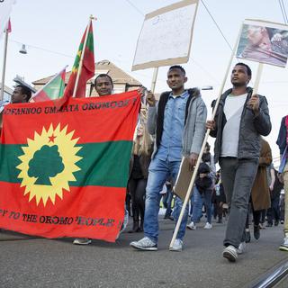 Manifestation contre les agissements du pouvoir éthiopien à Zurich en mars 2016. [Keystone - Cyril Zingaro]