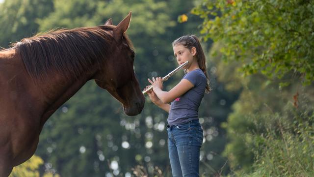 Une petite fille joue de la flûte traversière à un cheval. [Fotolia - Sharon Kam]