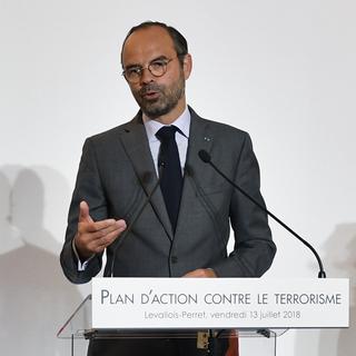 Le Premier ministre français Edouard Philippe durant la présentation des nouvelles mesures anti-terroristes, le 13 juillet 2018 à Levallois-Perret. [AFP - Gérard Julien]