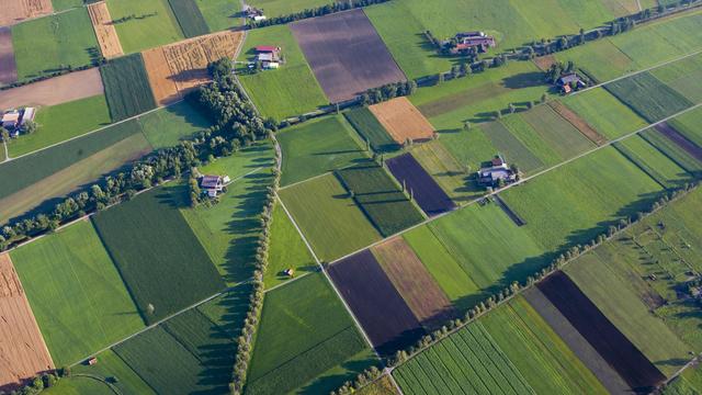 Vue aérienne de champs, de prairies et de cultures dans la vallée du Rhin, dans le canton de Saint-Gall. [Keystone - Martin Ruetschi]