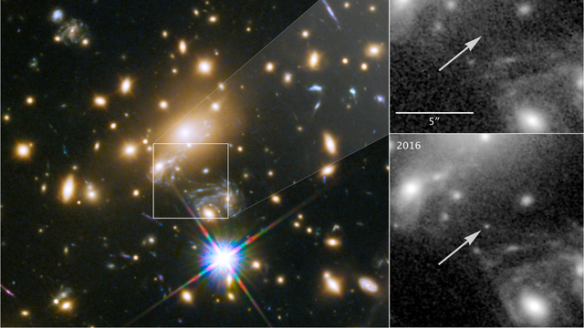 A cinq milliards d’année-lumière de la Terre, un amas de galaxies fait office de lentille gravitationnelle, amplifiant la lumière d’Icare, une étoile située elle à neuf milliards d’années-lumière (au centre et à droite du carré). [DR - NASA, ESA, and P.Kelly, University of Minnesota]