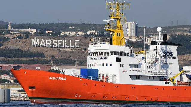 The rescue ship Aquarius, chartered by French aid group SOS Mediterranee and Doctors Without Borders (MSF), leaves the harbour of Marseille, southeastern France, on August 1, 2018, after having been docked for a month for maintenance work. The French NGO operating the rescue ship Aquarius, which precipitated a European political crisis in June after both Italy and Malta blocked it from docking with 630 migrants aboard, said on August 1 that nothing would stop it from rescuing migrants from the Mediterranean as its ship prepared to resume its mission off the Libyan coast.
BORIS HORVAT / AFP [AFP - BORIS HORVAT]