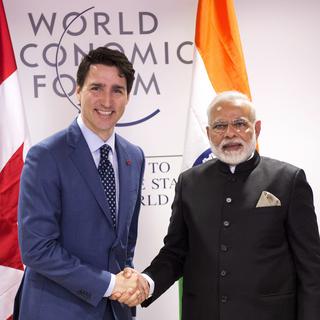 Le premier ministre canadien Justin Trudeau avec son homologue indien Narendra Modi. [Keystone - Paul Chiasson - The Canadian Press via AP]