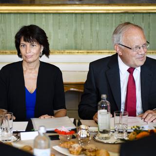 Les deux conseillers fédéraux démissionnaires, Doris Leuthard et Johann Schneider-Ammann. [Keystone - Manuel Lopez]