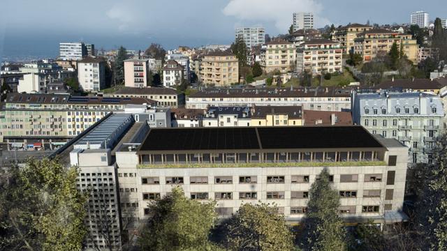 Avec sur le toit 560 m2 de panneaux solaires, l'édifice de la Riponne devient autonome du point de vue énergétique (image de synthèse). [www.vd.ch]