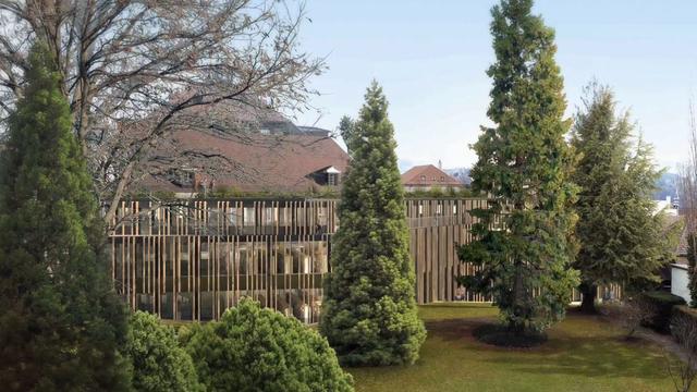 Image de synthèse du futur bâtiment de la BCU, côté jardin. [Etat de Fribourg]