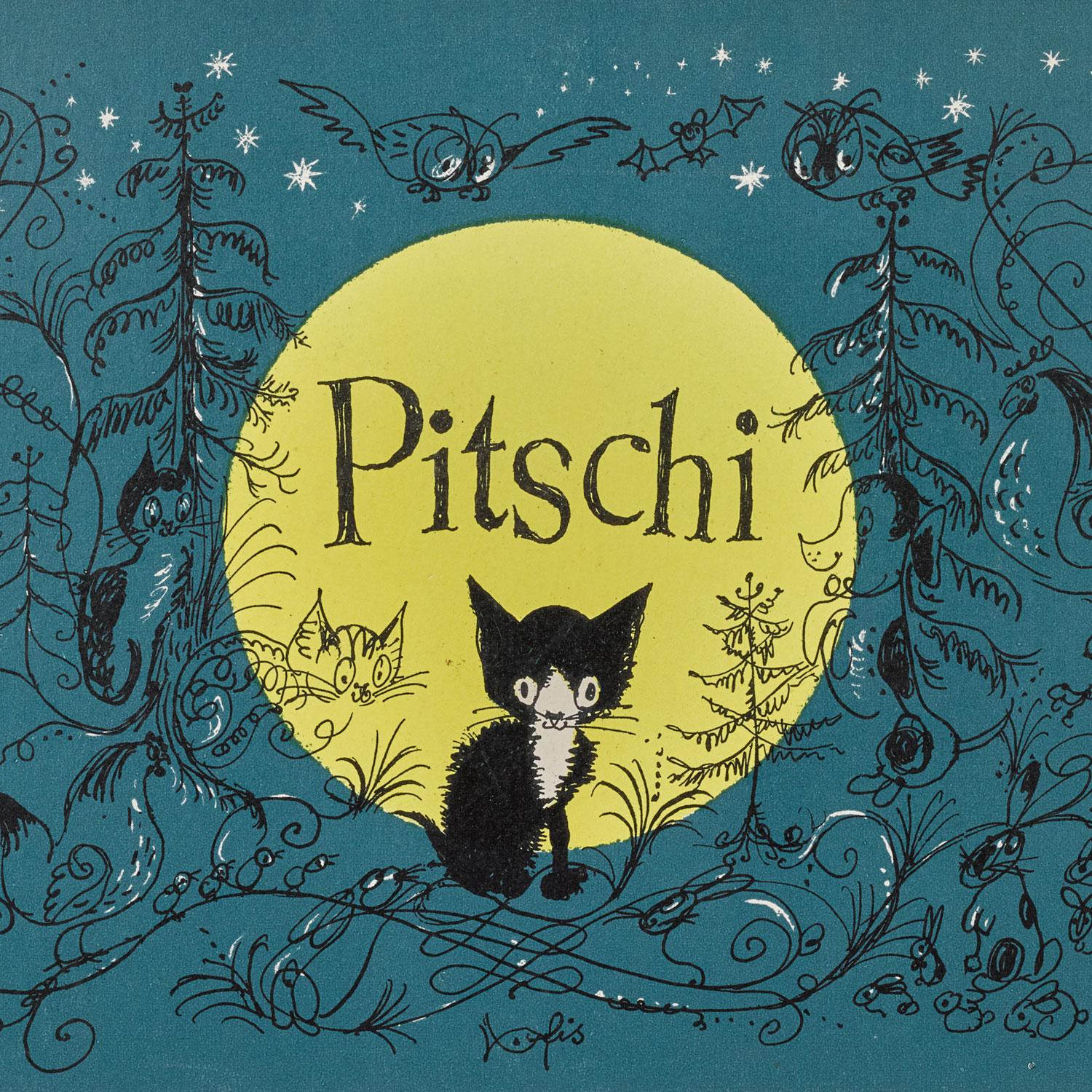 C'est pour ses enfants que Hans Fischer imagine les aventures du chaton Pitschi. [nationalmuseum.ch - éditions Wolfsbergdrucke, Zurich, 1948]