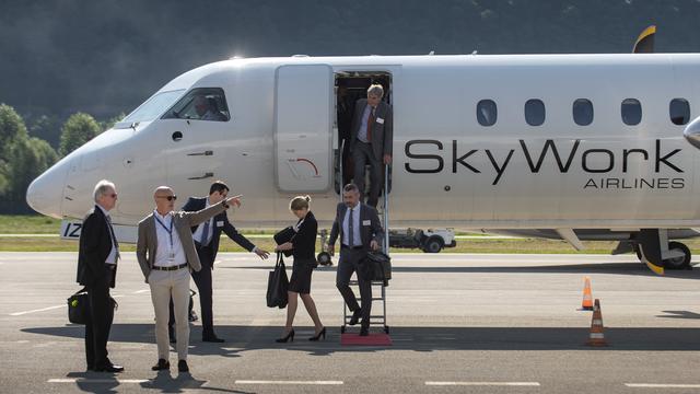 Un appareil de Skywork sur l'aéroport de Lugano-Agno en juillet 2018. [Ti-Press/Keystone - Pablo Gianinazzi]