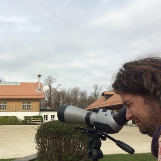 L’ornithologue Jean-Philippe Paul observant les cigognes au Haras national d’Avenches. [Lucile Solari]