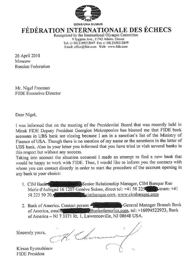 La lettre de Kirsan Ilyumzhinov au directeur de la FIDE.