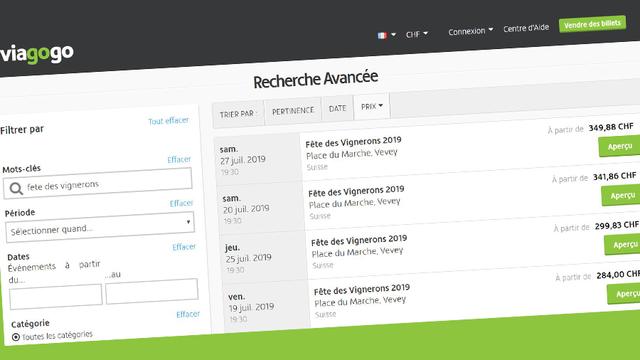 Capture d'écran du site Viagogo.