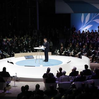 Emmanuel Macron ouvre le Forum de Paris sur la paix, le 11 novembre 2018. [Pool/AFP - Yoan Valat]
