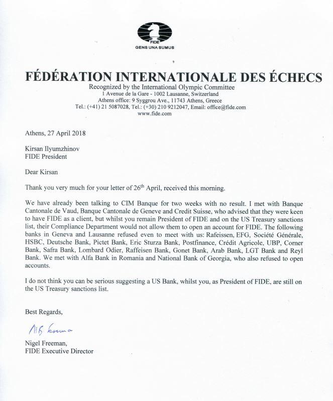 La réponse du directeur de la FIDE.