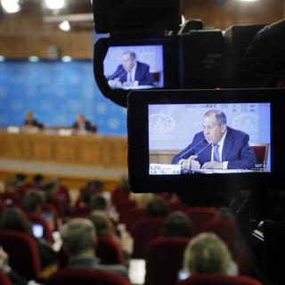 Sergei Lavrov, chef de la diplomatie russe, lors de sa conférence de presse annuelle, le 15 janvier 2018. [Keystone - Maxim Shipenkov]
