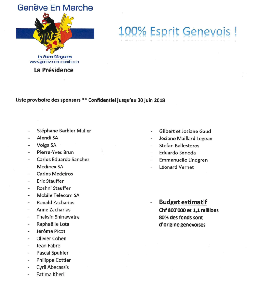 La liste des sponsors de Genève en marche [DR]