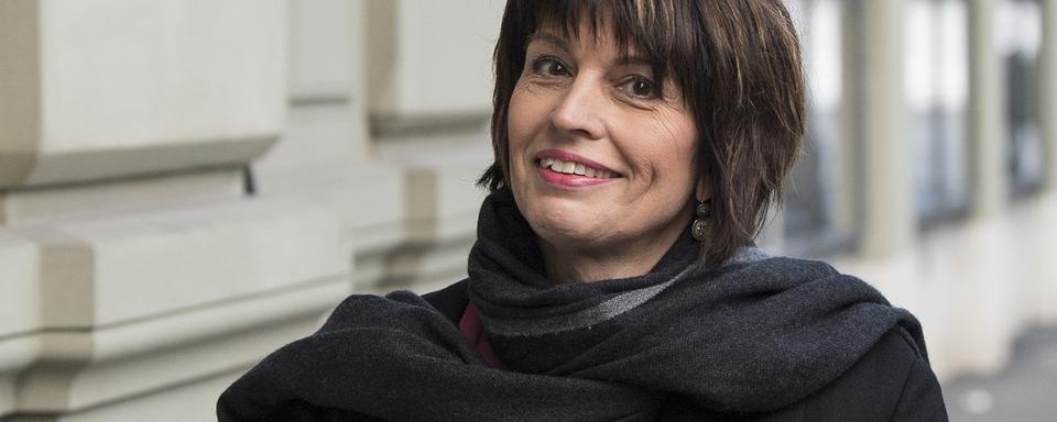 Doris Leuthard tout sourire, dimanche 04.03.2018 à Berne. [Keystone - Peter Schneider]