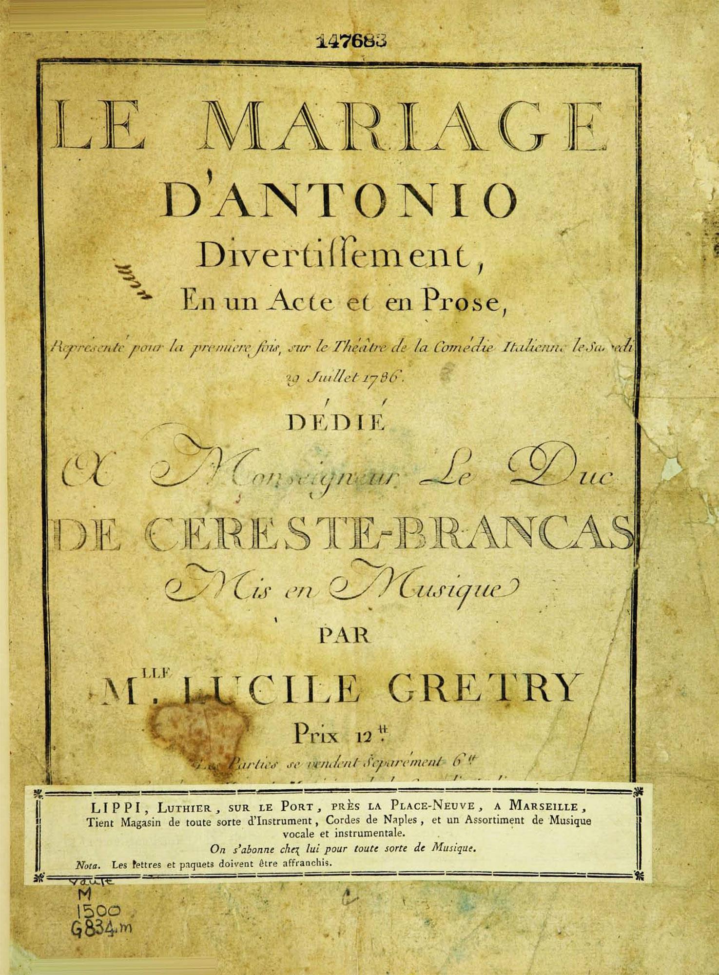La couverture de la partition du "Mariage d'Antonio" mis en musique par Lucile Grétry. [DP]