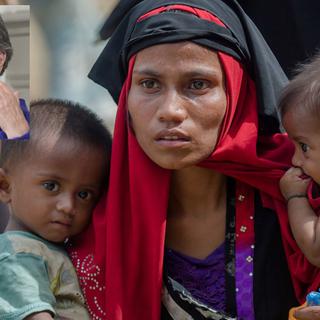 Une femme rohingya et ses deux enfants, dans le camp de réfugiés près de Kutupalong au Bengladesh. En médaillon, l'ex-conseillère fédéral Ruth Dreifuss. [AP/Keystone - Dar Yasin/Marcel Bieri]
