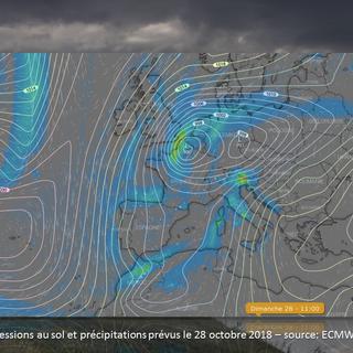 Pressions au sol et précipitations prévues pour le 28 octobre 2018. [ECMWF - ./.]