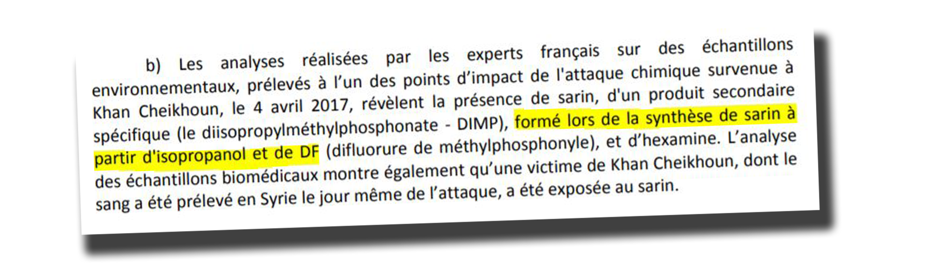 Extrait du rapport français, évoquant l'utilisation d'isopropanol lors de la synthèse du gaz sarin utilisé lors d'une attaque chimique.