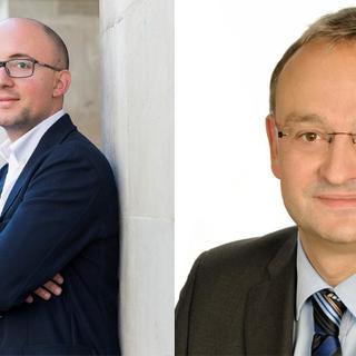 Alberto Mocchi, président des Verts vaudois et Patrick Eperon, délégué transports et énergie au Centre Patronal. [RTS]