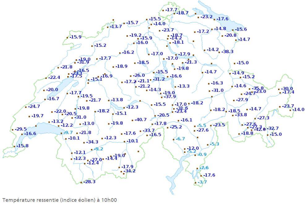 Les températures ressenties lundi à 10h en Suisse. [MétéoSuisse]