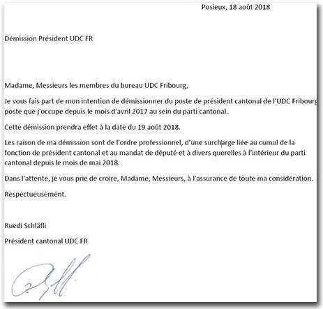 La lettre de démission de Ruedi Schläfli, obtenue par la RTS.