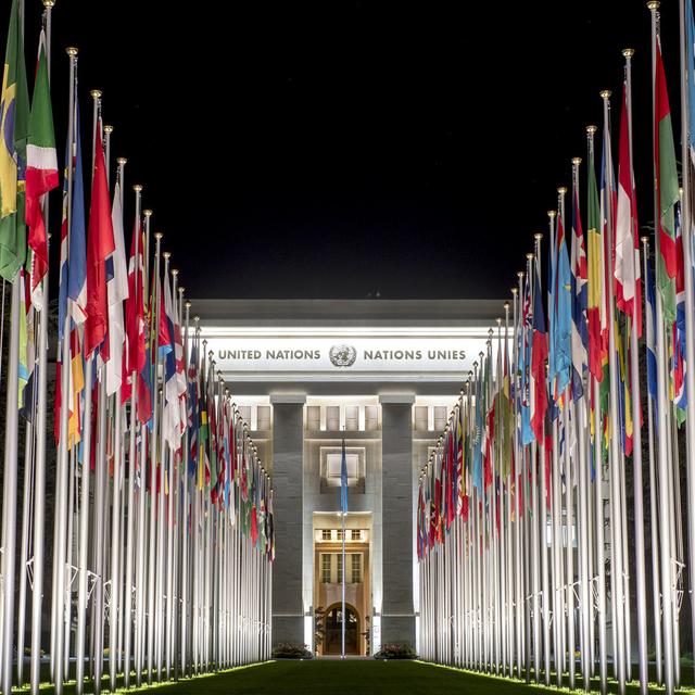 L'entrée du Palais des Nations unies. [Keystone - Martial Trezzini]