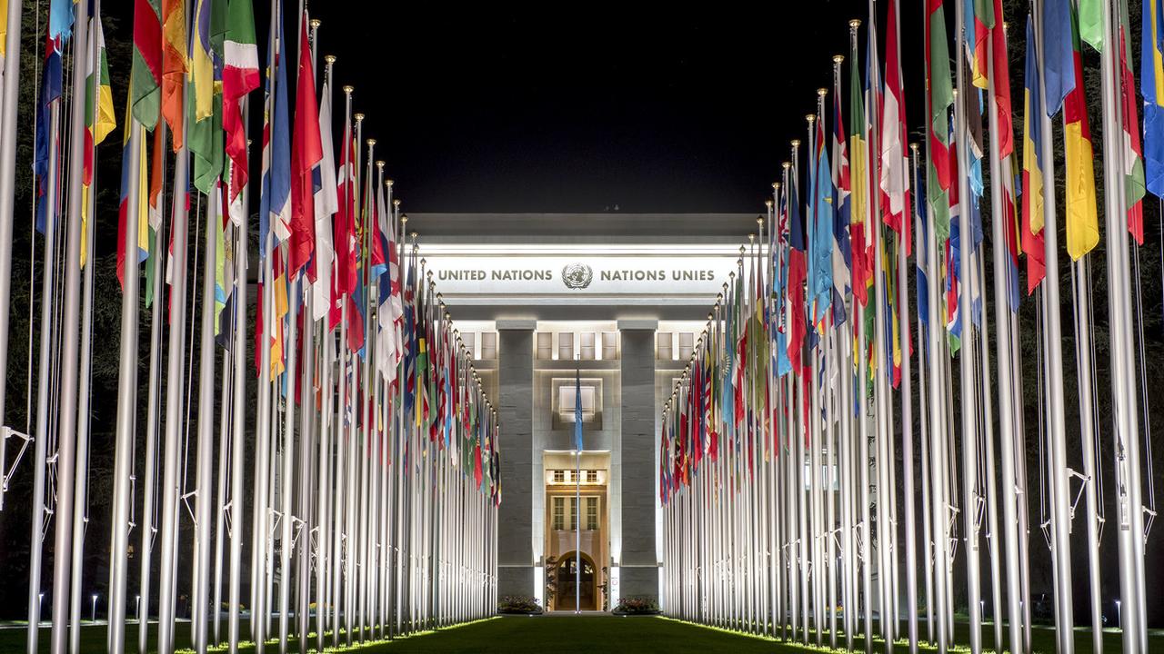 L'entrée du Palais des Nations unies. [Keystone - Martial Trezzini]