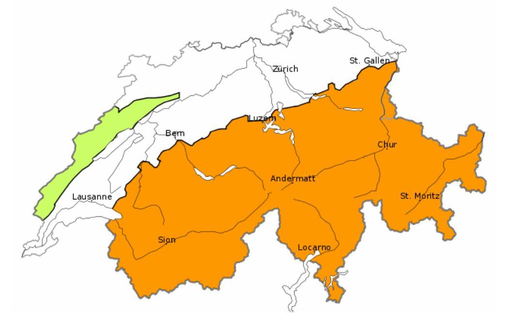 Avalanches mouillées en cours de journée, carte mise à jour le 6 avril à 17h00. Vert: degré 1 (faible). Orange: degré 3 (marqué). [SLF - Bulletin d'avalanches]