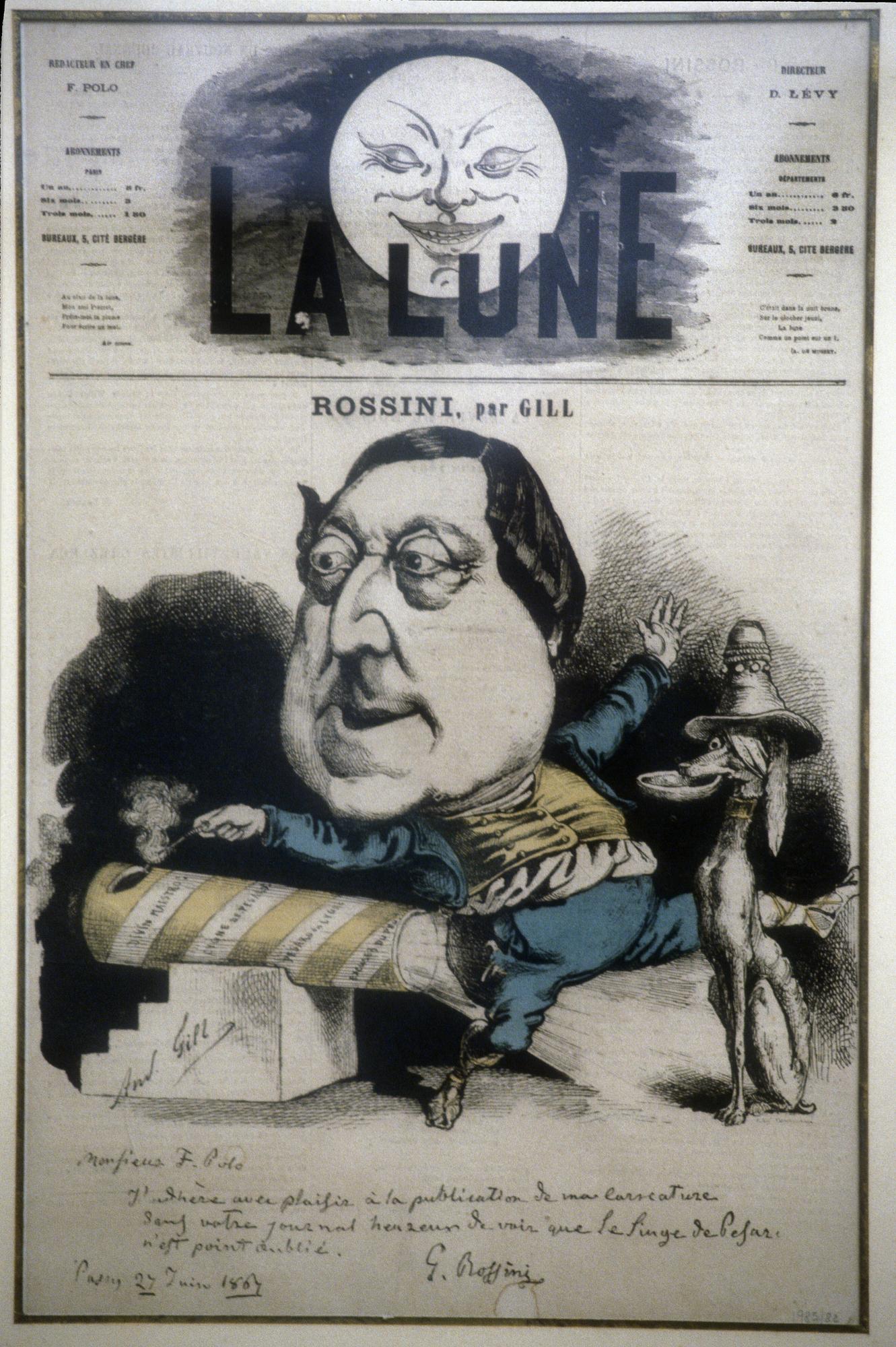 Caricature de Rossini par André Gill pour le journal "La Lune". [Leemage/AFP - MARCELLO MENCARINI]
