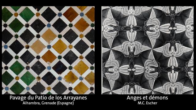 Les pavages du Patio de los Arrayanes du Palais de l’Alhambra de Grenade et d’un tableau de l’artiste néerlandais M. C. Escher. [DR - © Michael Clarke Stuff]