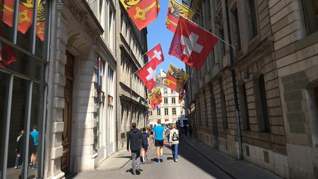 Les drapeaux genevois et suisse devant l'Hôtel de Ville ce dimanche, jour du deuxième tour des élections du Conseil d'Etat. [RTS - Théo Allegrezza]