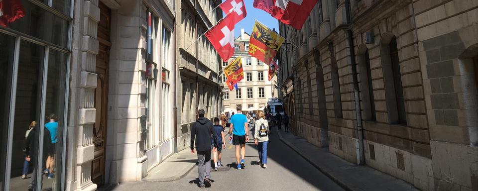 Les drapeaux genevois et suisse devant l'Hôtel de Ville ce dimanche, jour du deuxième tour des élections du Conseil d'Etat. [RTS - Théo Allegrezza]