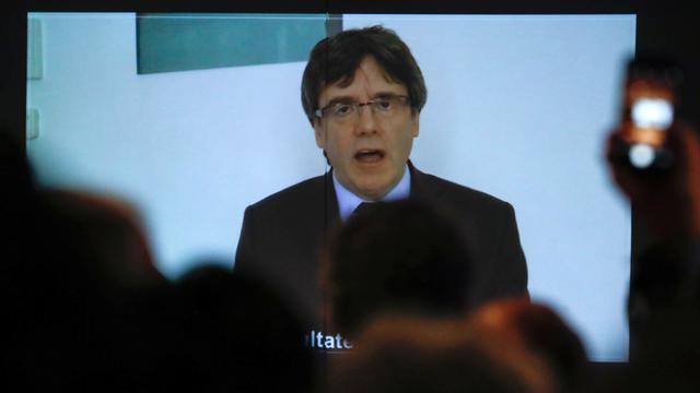 Carles Puigdemont lors d'un discours par vidéoconférence. [REUTERS - Yves Herman]