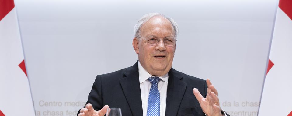 Johann Schneider-Ammann mardi lors de la conférence de presse après l'annonce de sa démission. [Keystone - Anthony Anex]