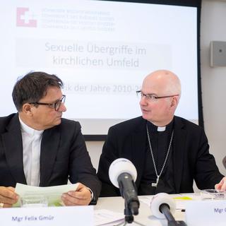 Les évêques Felix Gmür et Charles Morerod à Saint-Gall, 05.09.2018. [Keystone - Ennio Leanza]