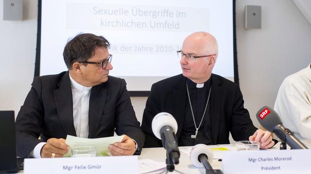 Les évêques Felix Gmür et Charles Morerod à Saint-Gall, 05.09.2018. [Keystone - Ennio Leanza]