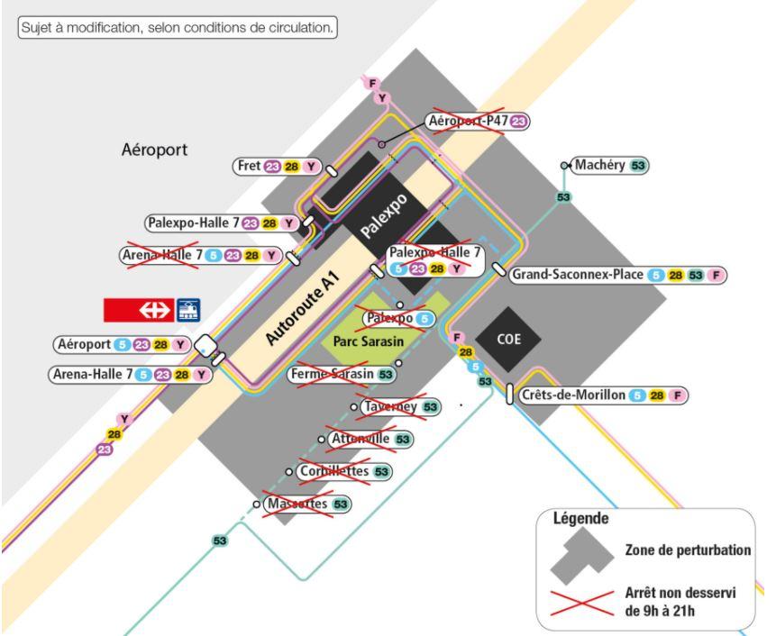 Le plan des suppressions d'arrêts de bus autour de Palexpo le jour de la visite du pape François à Genève. [TPG]