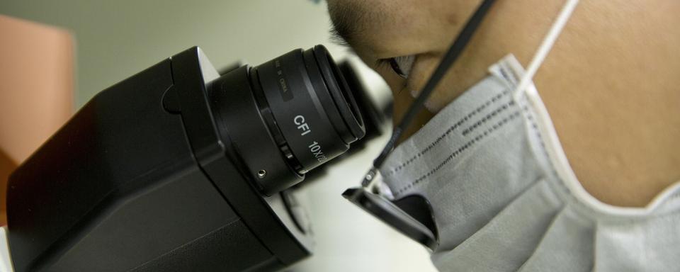 Un scientifique chinois regarde dans un microscope dans un laboratoire à Shenzhen. [AP/Keystone - Mark Schiefelbein]