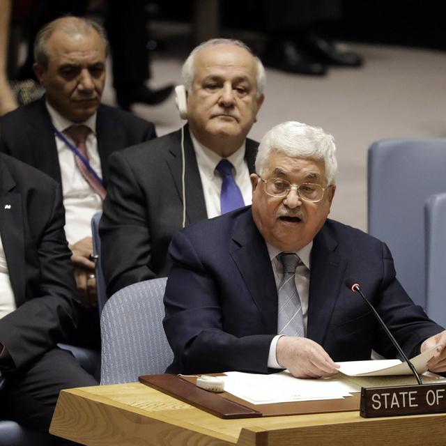 Mahmoud Abbas devant le Conseil de sécurité de l'ONU à New York, 20.02.2018. [EPA/Keystone - Jason Szenes]