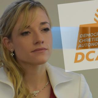 Montage photo, montrant la députée Pauline Queloz et le projet de logo du parti Démocrate Chrétien Autonome (DCA). [RTS - Gaël Klein]