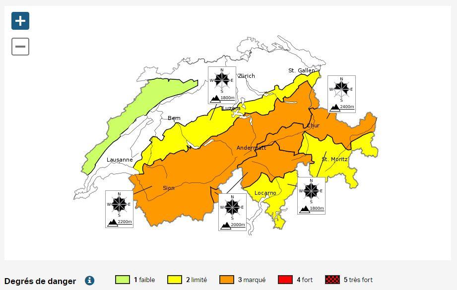 Le carte des avalanches pour le dimanche 18 février 2018. [Institut pour l'étude des la neige et des avalanches]