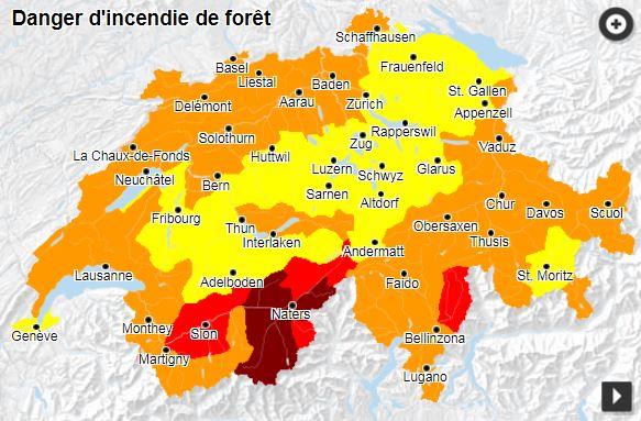 La carte du danger d'incendie publiée samedi sur le portail de la Confédération. [www.dangers-naturels.ch]