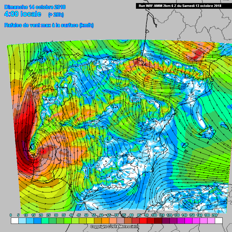 Les rafales prévues pour la nuit de samedi à dimanche pourraient dépasser 120 km/h dans la région de Lisbonne. [RTS/Meteociel.fr]