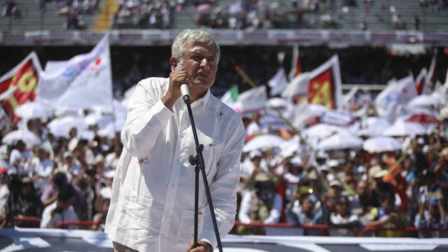 Le candidat de gauche Andres Manuel Lopez Obrador en meeting à Mexico, 23.06.2018. [AP/Keystone - Felix Marquez]