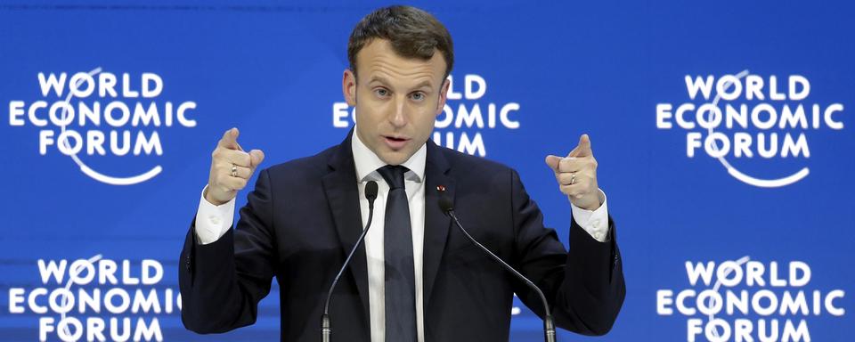 Le président français Emmanuel Macron lors de son discours au Forum Economique de Davos. [Keystone/AP Photo - Markus Schreiber]