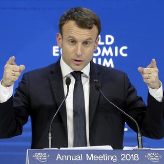 Le président français Emmanuel Macron lors de son discours au Forum Economique de Davos. [Keystone/AP Photo - Markus Schreiber]