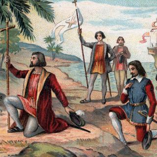 Lithographie représentant le débarquement de Christophe Colomb dans le nouveau monde, le 12 octobre 1492. [AFP - Bianchetti/Leemage]
