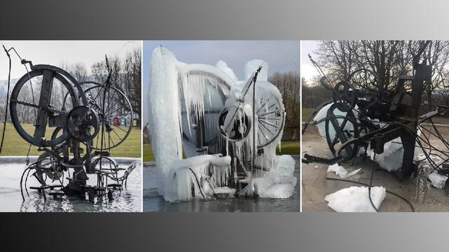 La fontaine Jo Siffert de Jean Tinguely à Fribourg a souffert du gel. [vosinfos/Keystone/RTS - Christian Beutler/Vincent Buchs/Maurice Doucas]